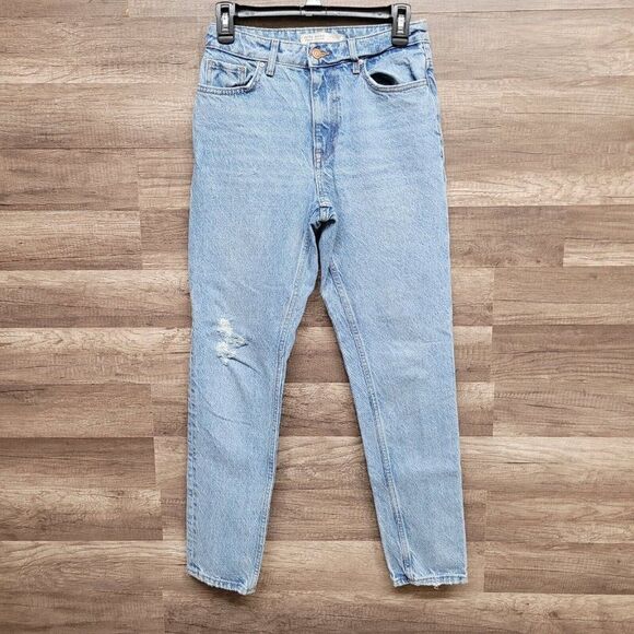 Zara Basic Denim Distressed Straight Tapered Mom High Rise Jeans Womens 2 Blue - Picture 2 of 11
